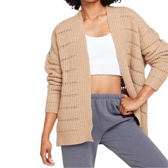 Spiritual Gangster Cassey Wool Blend Open Stitch Cardigan Tan Carmel Womens  NWT - Picture 4 of 16